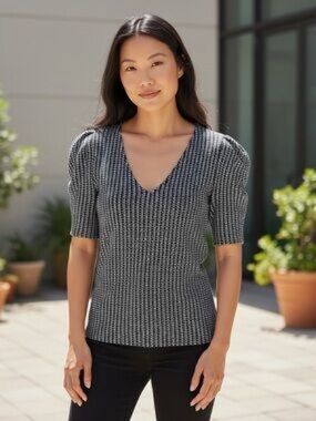 V-Neck Short Sleeve Ribbed Sweater